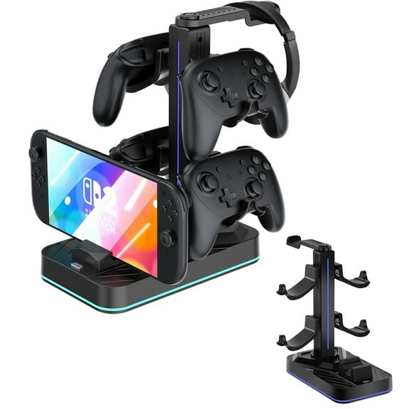 RGB Charging Dock for Nintendo Switch 2 with Headset & Controller Stand, LED Light Display Base, 3 USB Ports, Console Charger Station and Organizer Holder