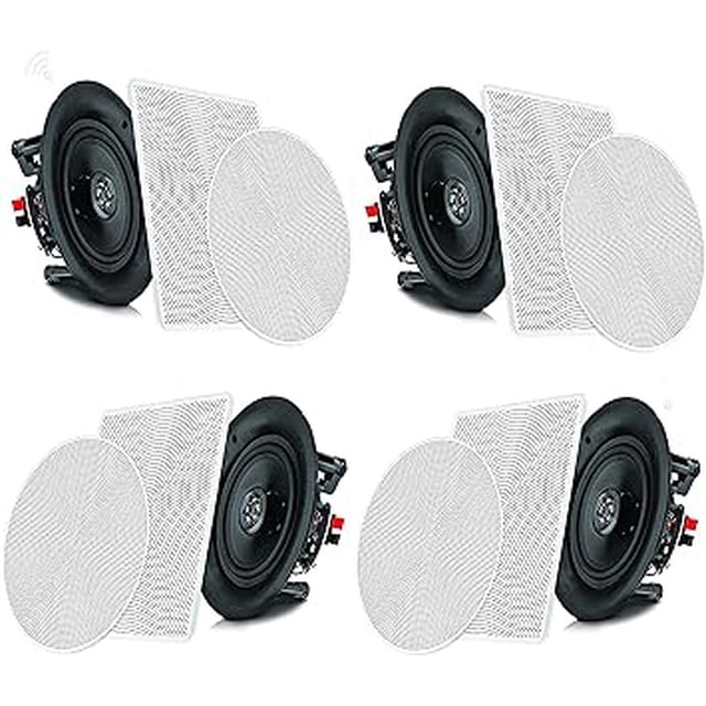 Pyle 6.5” 4 Bluetooth Flush Mount In-wall In-ceiling 2-Way Speaker System Quick Connections Changeable Round/Square Grill Polypropylene Cone & Tweeter Stereo Sound 4 Ch Amplifier 200 Watt (PDICBT266)