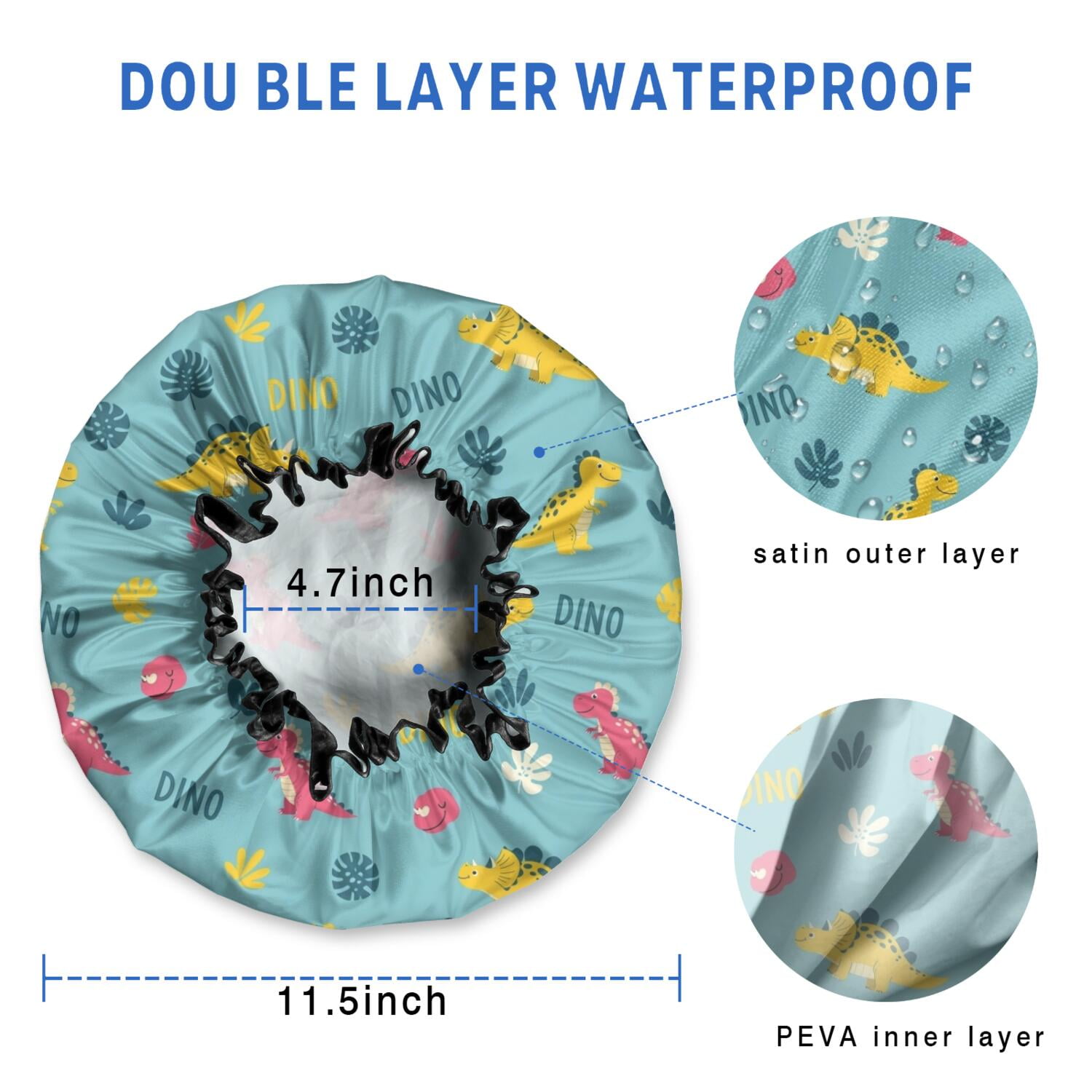 Shower Caps,Light Blue Dinosaurs Text Pattern Waterproof Shower Cap for Women 4 Pieces,Double Reusable Hair Cover for Shower PEVA Elastic Stretch Hem