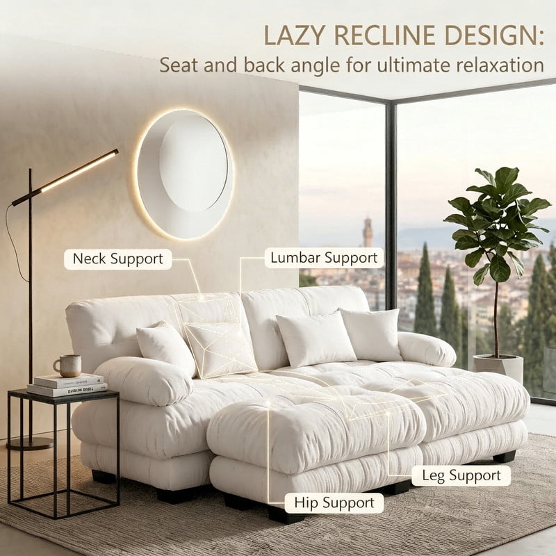 ANPPORT Cloud Couch Sleeper Sofa, Chenille White 2-Seater Modular Sofa with 2 Ottomans, 2 Lumbar pillows, 2 Pillows, Comfy Deep Seat Cloud Sofa, Convertible L-Shaped Floor Couch for Living Room