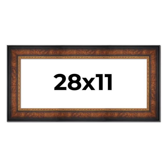 28x11 Frame Brown Walnut Gold Ornate Trim Solid Wood Plein Air Picture Frame | 3 Inch Moulding
