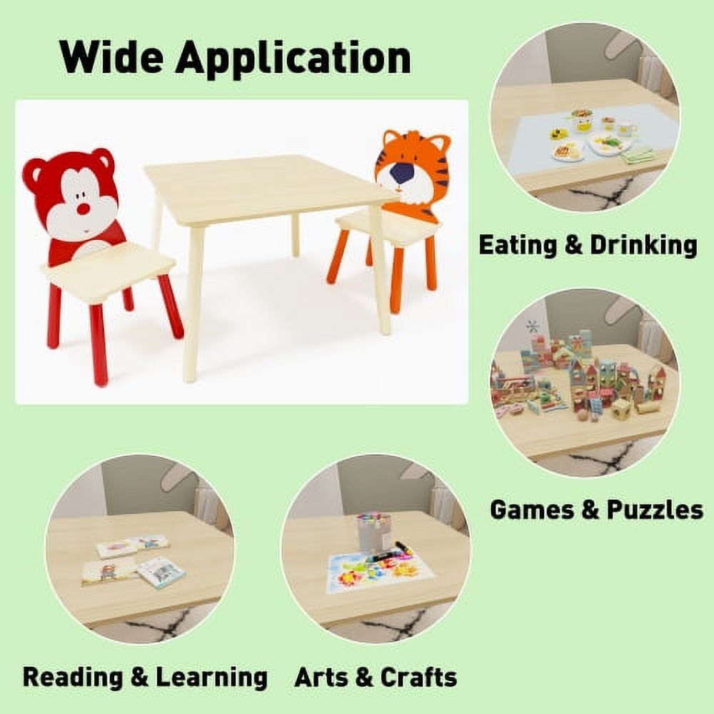 Yoneston Wood Kids Table and 2 Chairs Set, 3 Piece Toddler Activity Play Table Set for Playroom(2-8 years), Bear & Tiger