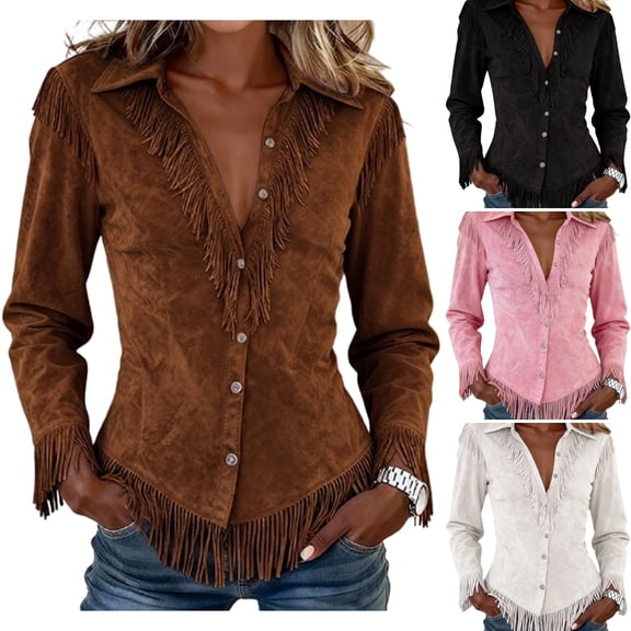 DORKASM Womens Western Tops Long Sleeve Slim Fit Flowy Tops V Neck Cowgirl Suede Button Down 2026 Basic Clothes Fall Winter Vintage Fashion Shirts Brown S