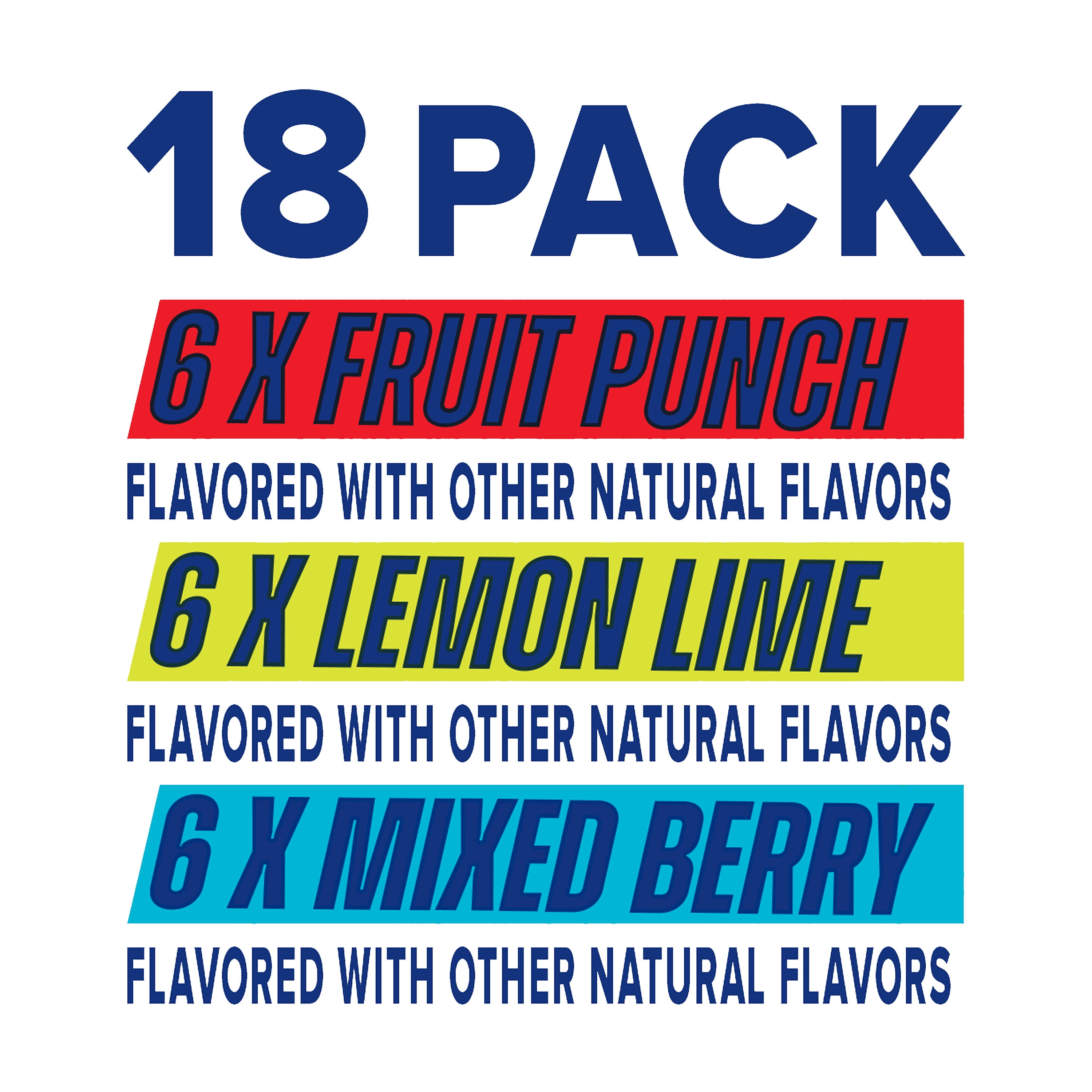 Great Value Zero Sugar Sport Hydration Beverage Variety Pack, Fruit Punch/Lemon Lime/Mixed Berry, 12 fl oz, 18 Bottles