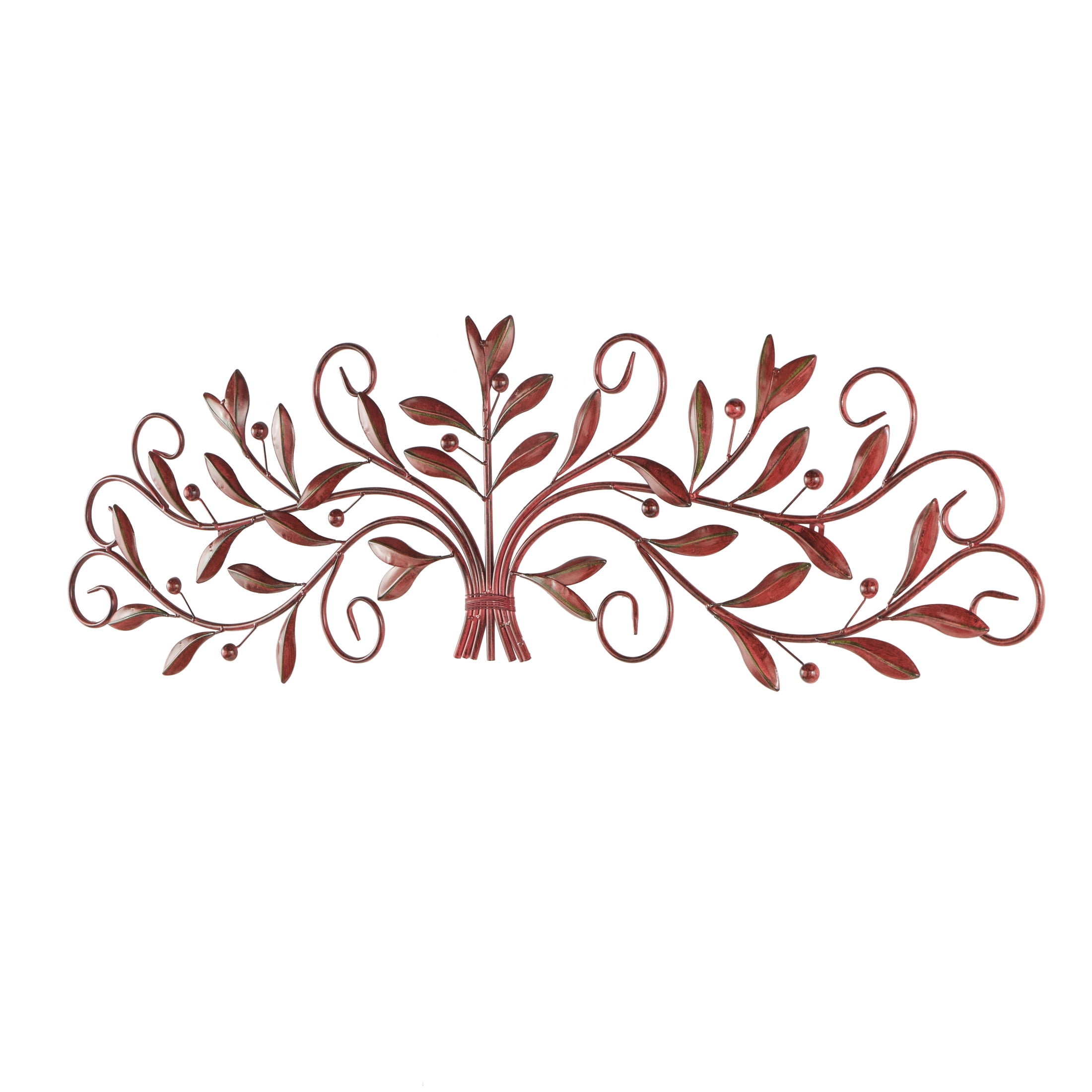 DecMode Red Metal Long Scrolled Leaf Wall Decor with Beaded Accents