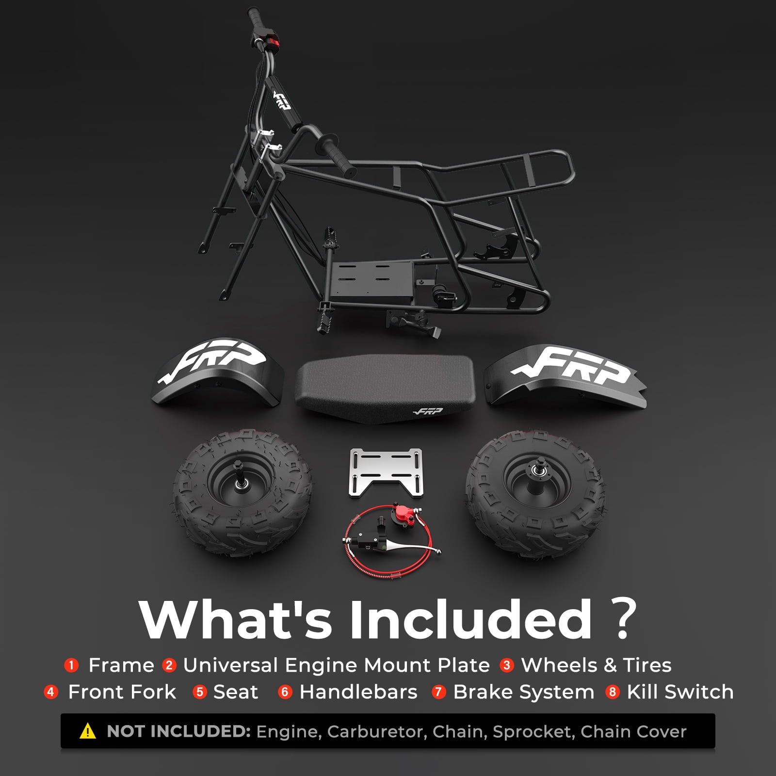 FRP GMB100 Mini Bike Upgraded Frame Roller Frame, No Engine—Tires, Hydraulic Brake, Seat, Fuel System & Wiring, DIY Bolt-On 79/98/196/212/225cc – Black