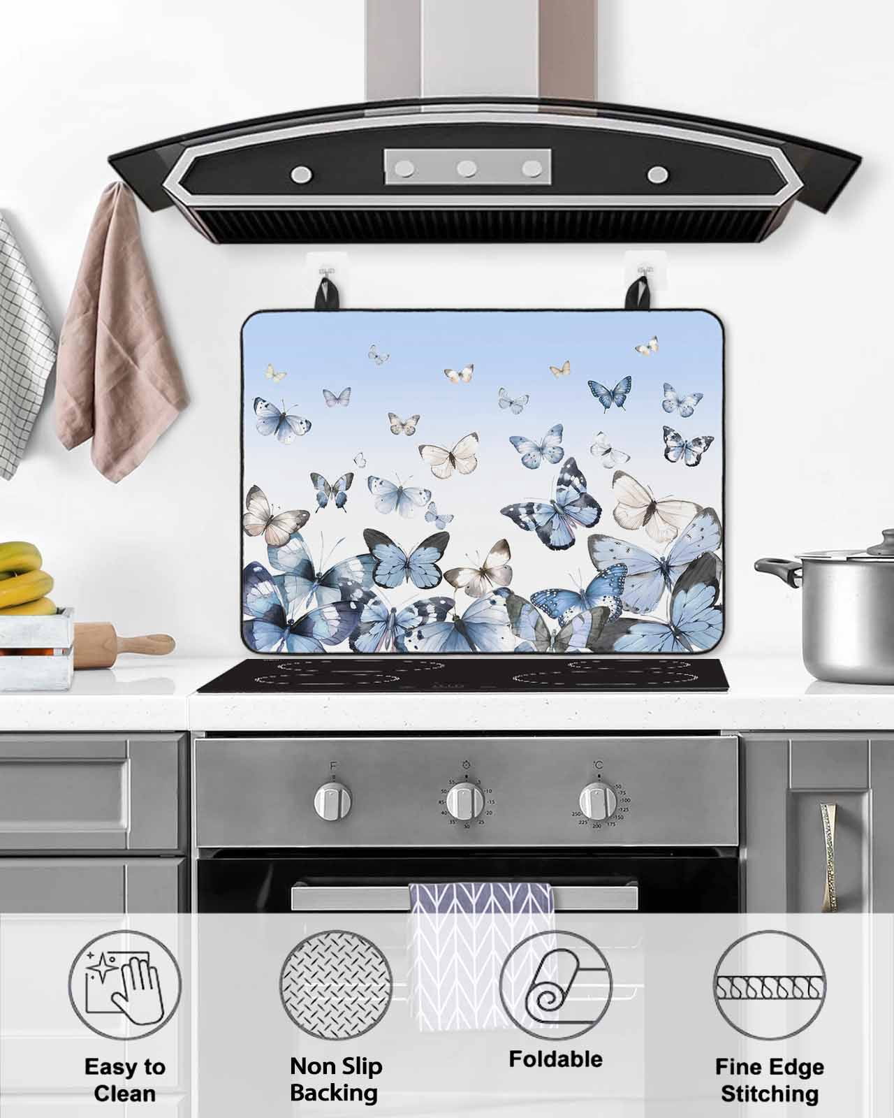Large Induction Cooktop Protector Mat Blue Butterflies Stove Top Covers for Electric Stove, Elegant Pastoral Watercolor Decorative Stove Burner Cover Mats, Glass Top Stove Cover