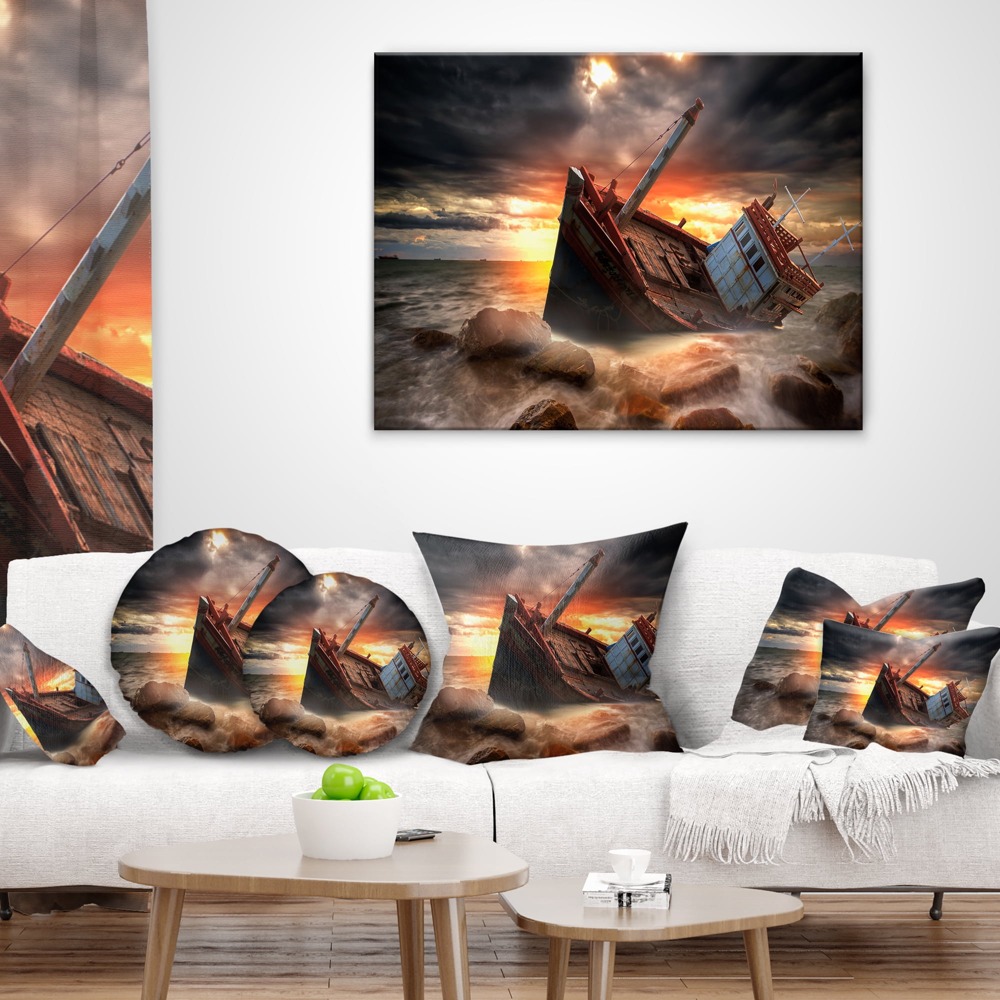 Designart Fishing Boat Beached - Landscape Photography Throw Pillow - 12x20
