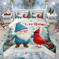 Feelyou Kawaii Jungle Gnome Full Size Comforter Sets for Teen, Red Winter Robin Bird Bedding Comforter Set, Merry Christmas Reversible Bedding Sets, Breathable Home Decor, 3-Piece
