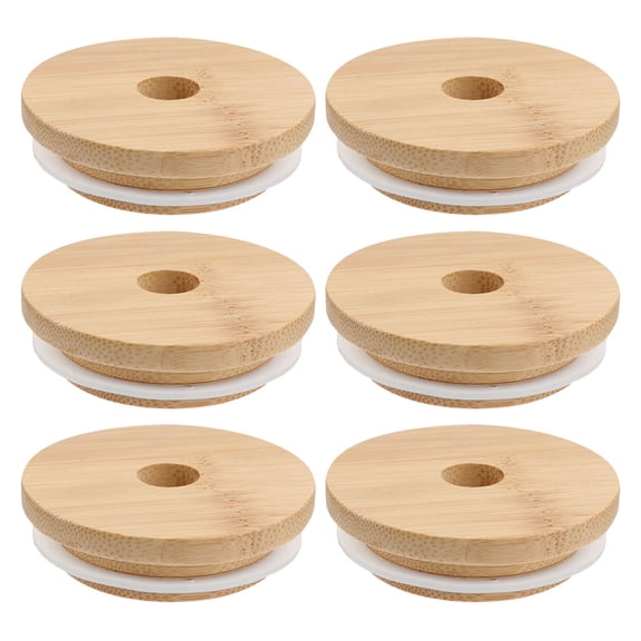 VORCOOL Bamboo Lids for Mason Jars Beige Wooden Seals with Straw Hole 6Pcs