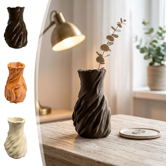 Doghiosgha Small Twisted Textured Vase Plastic Mini Flower Vase for Dried Branches Tabletop Home Shelf Decor, 3.9 Inch, Brown