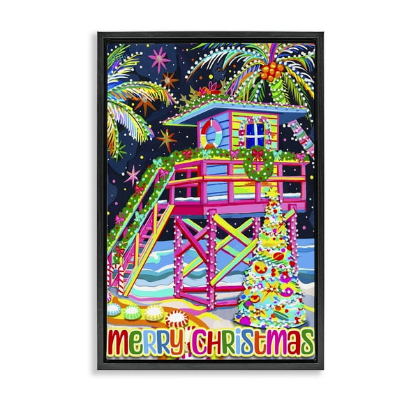 Stupell Industries Whimsical Seaside Christmas Holiday Painting Black Floater Framed Canvas Art Prints Wall Art, 17 x 25
