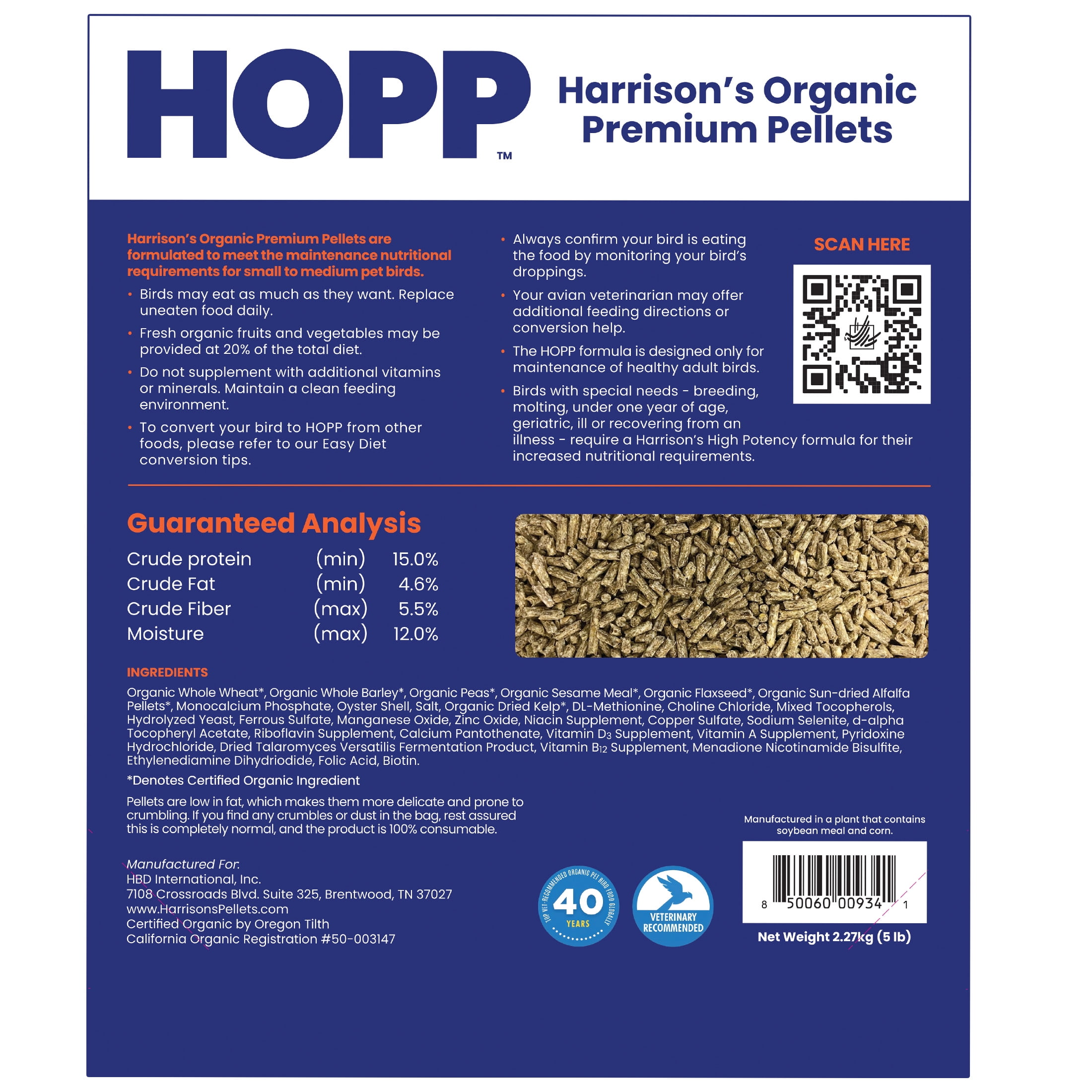 Harrison's Balanced Pet Bird Nutrition Pellets, 5 lbs Bag