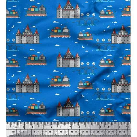 Soimoi Crepe Silk Fabric Ship,Castel & Bridge Architectural Fabric Prints By Yard 42 Inch Wide