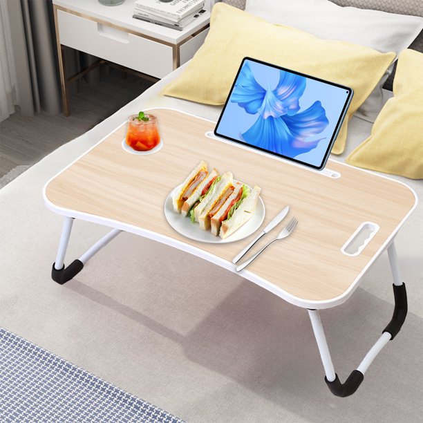 Escritorio plegable CLLC para portátil, de madera negra, con portavasos y asa, ideal para trabajar, leer, escribir, comer y ver películas en la cama, el sofá o el suelo (B, Blanco).