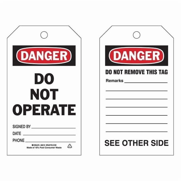 Brady Danger Tag,7 x 4 In,Bk and R/Wht,PK10 86516