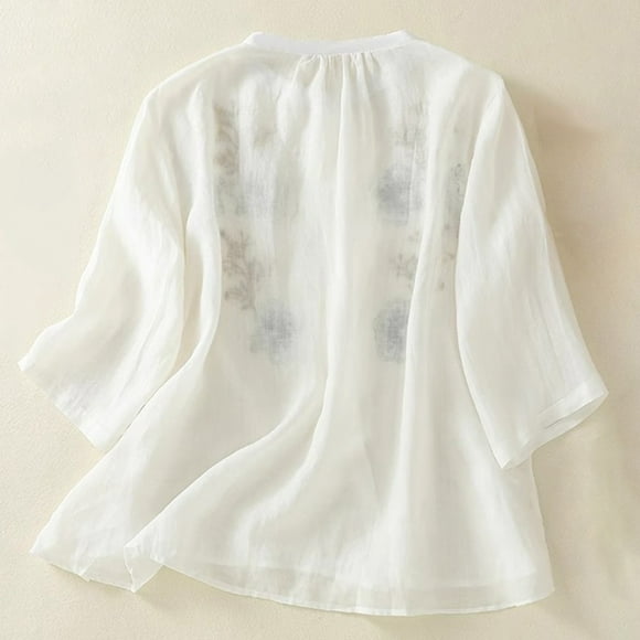 Stylish Women's T-Shirts Embroidered Stand Collar Blouse with Short Sleeves for Casual and Wear