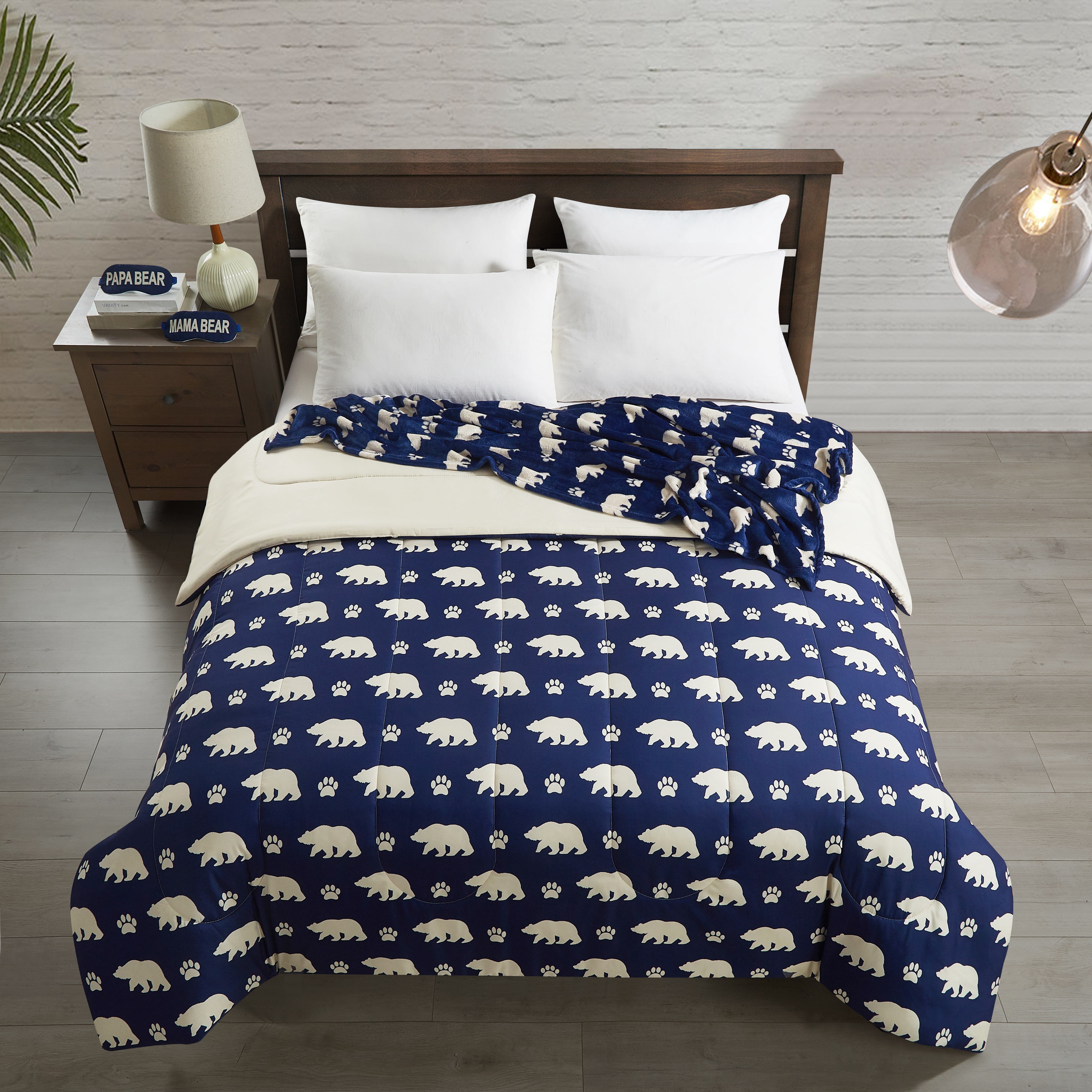 Dearfoams 4-Piece Plush Navy Bear Print Polyester Fill Comforter Set, Includes a Throw and Two Eyemasks, Queen