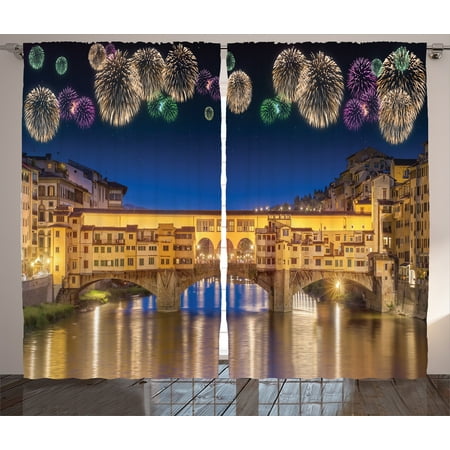 - Cityscape Curtains 2 Panels Set, Night Panoramic View of Vecchio Bridge Florence Italy with Colorful Fireworks, Living Room Bedroom Decor, Gold Navy Purple, by Ambesonne