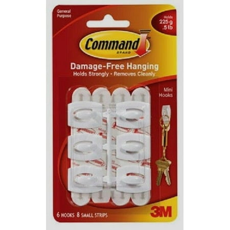 

New! 3M Command Mini Hooks Holds 0.5 Lb White 6 Hooks & 8 Strips Multi Use 17006