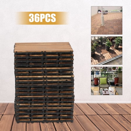 36 PCS Hardwood Interlocking Patio Deck Tiles Wood Flooring for DIY Outdoor Brown 12'' X 12''
