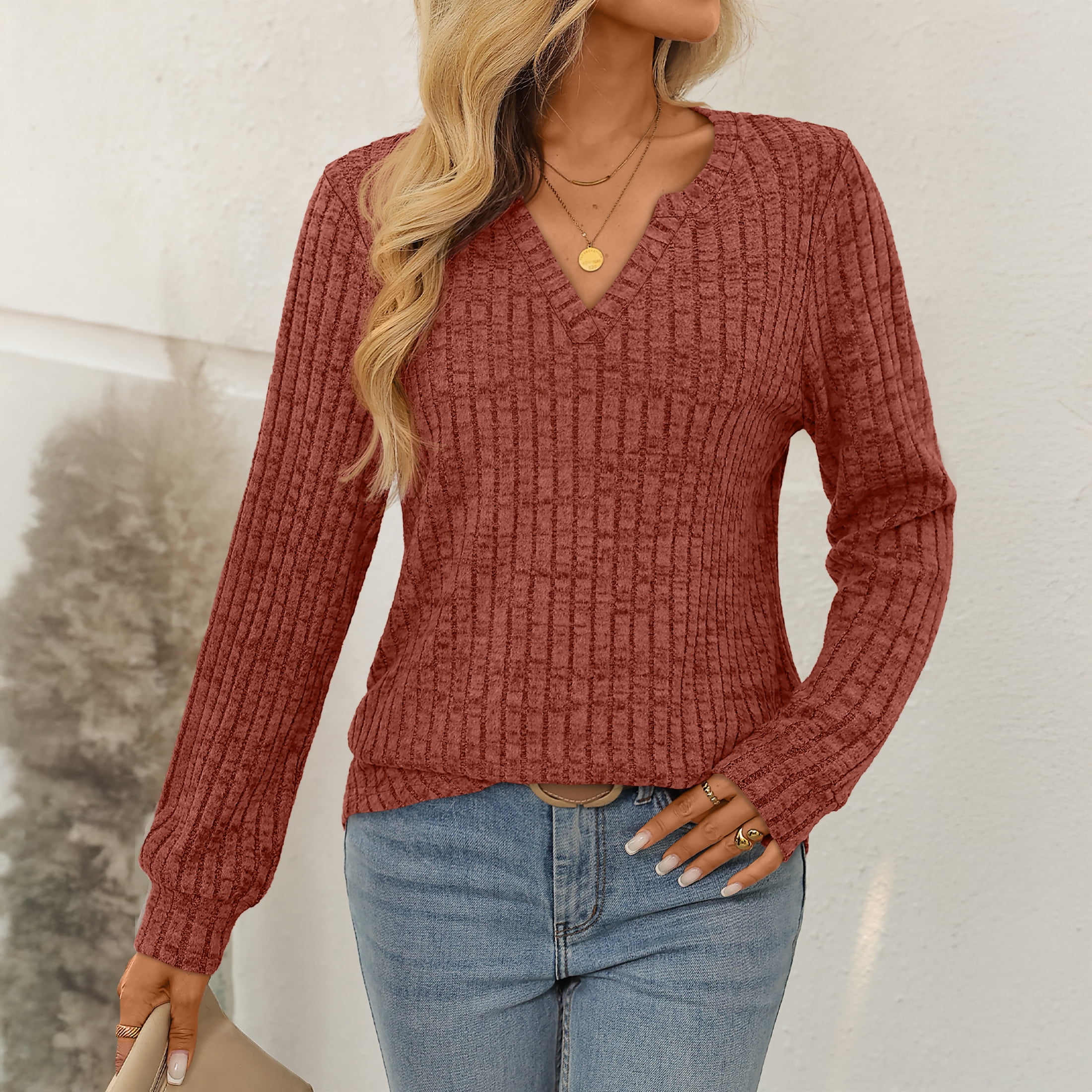 Womens Tops Long Sleeve V Neck Shirts Fall Sweater Casual Blouses Fashion Outfits