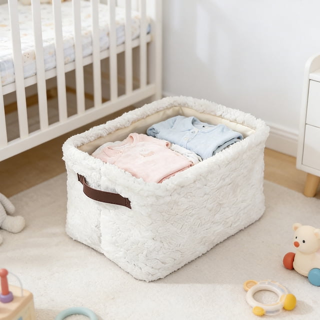 Caja de almacenamiento de tela mullida 13x9x7in Caja organizadora peluda con asas Cesta plegable de nylon Gris blanco para armario Dormitorio Toallas de lavadora Mantas