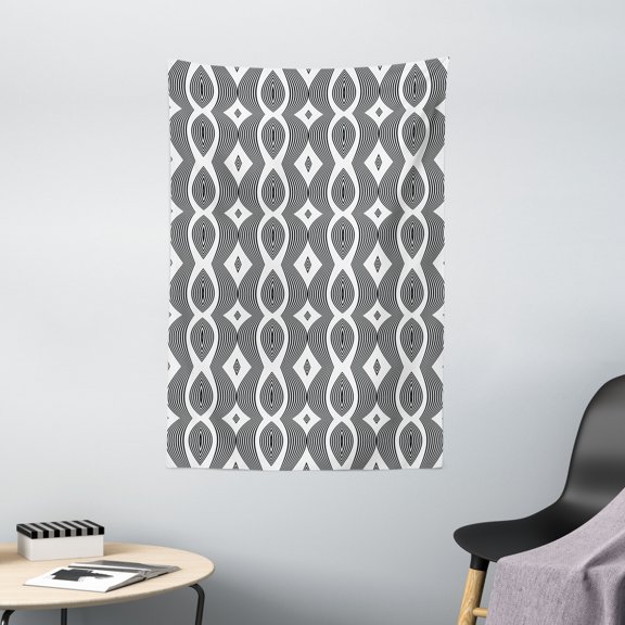 Contemporary Tapestry, Monochrome Waving Pattern with Curves and Diamond Shapes Op Art Design, Wall Hanging for Bedroom Living Room Dorm Decor, 40W X 60L Inches, Black and White, by Ambesonne