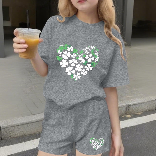 Conjuntos de blusas y camisas de cuello redondo y manga corta para niños Conjunto de dos piezas de blusas de cuello redondo y manga corta con estampado del Día de San Patricio para niños Niños poliést