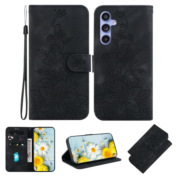 Allytech Slim Wallet Case for Samsung Galaxy S24, Premium PU Leather Cover with Fashion Flower Pattern, Card Slots & Kickstand Magnetic Clasp Shockproof Dustproof Case with Lanyard - Black