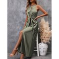 thumbnail image 4 of Green Solid Satin Halter Maxi Dress With Front Slit And Belted Waist, 4 of 7