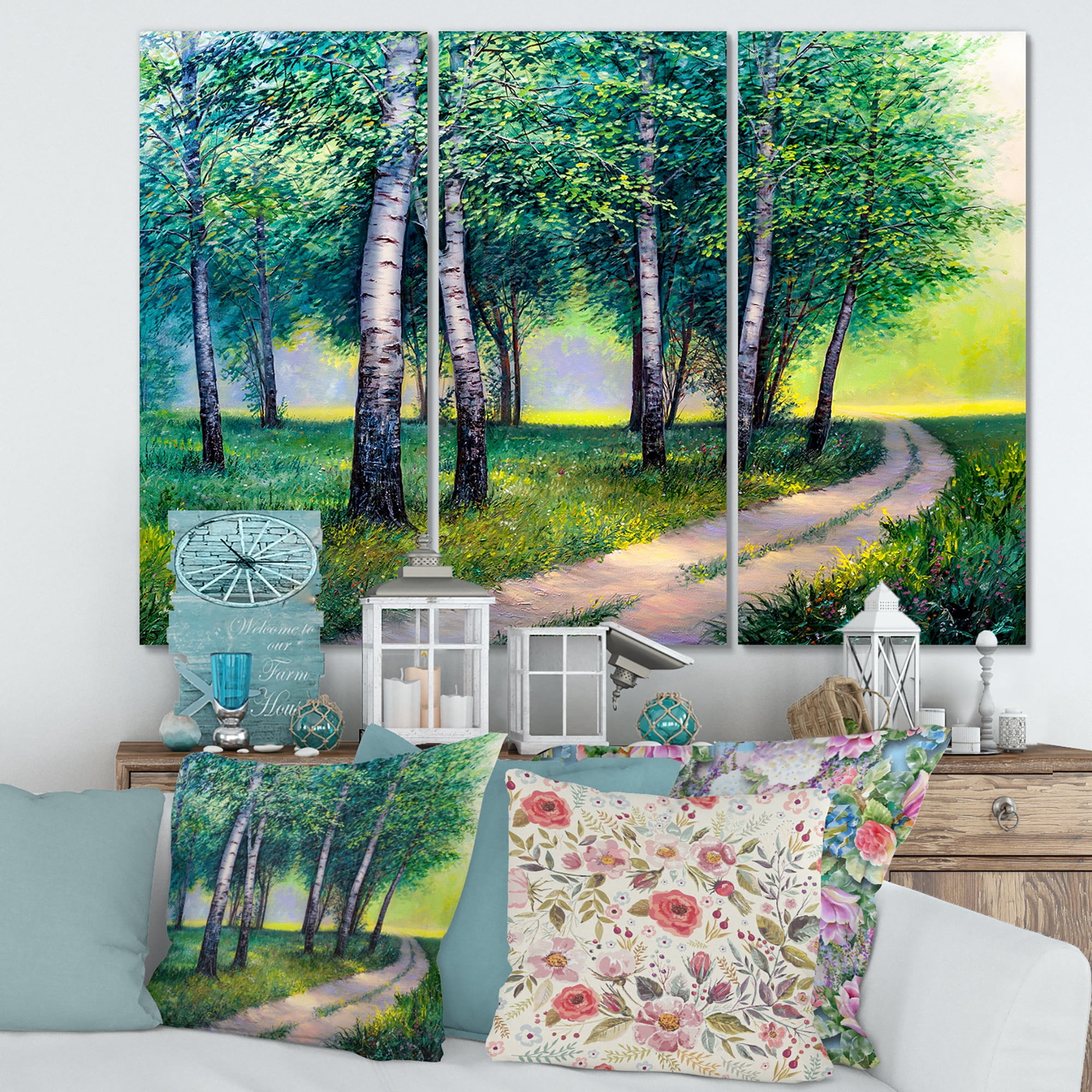 Designart ' Summer Forest Path By The Birches ' Lake House Canvas Wall Art Print