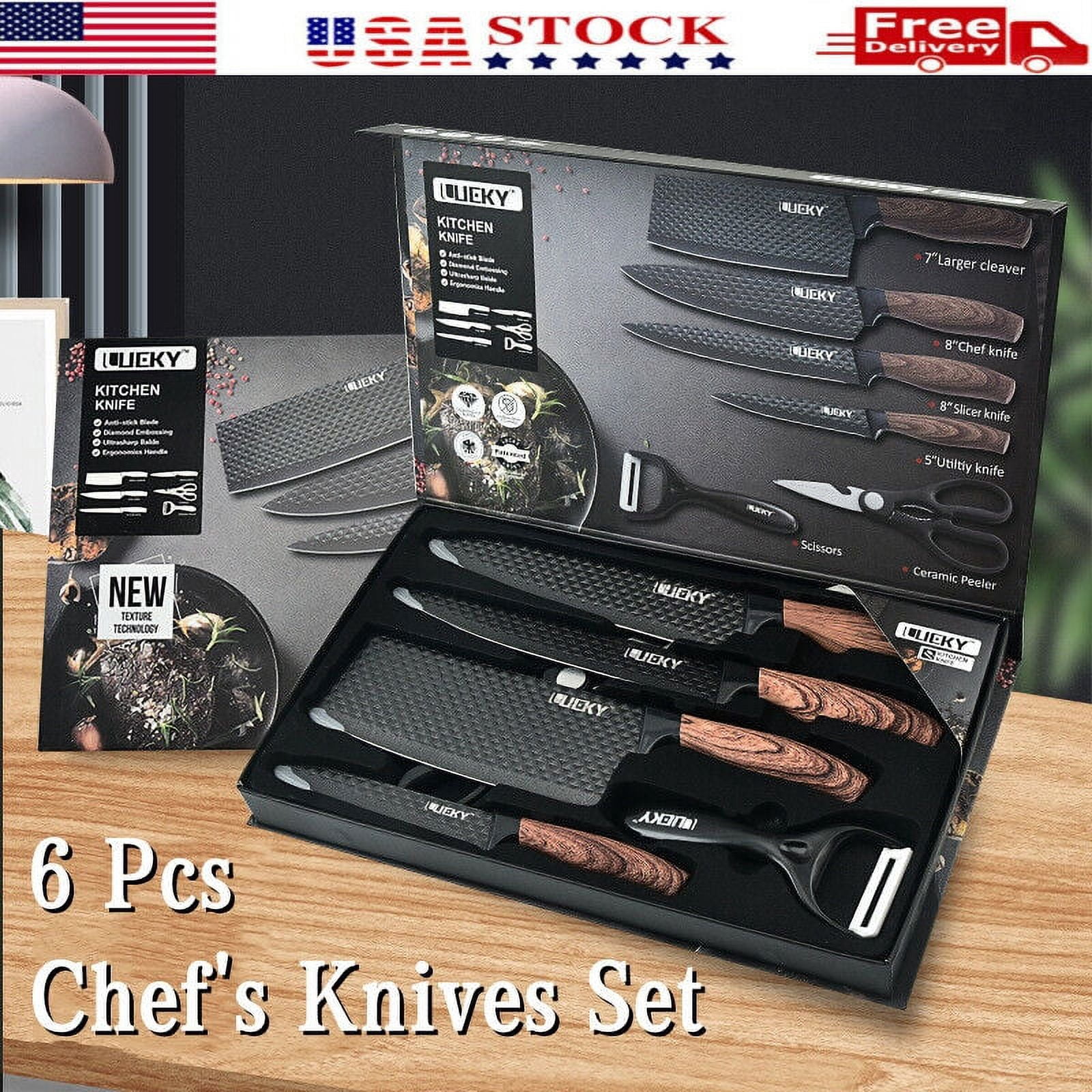 Welan 6-piece chef knife set, high-carbon stainless steel sharp blades, ergonomic handles, set with built-in scissors, suitable for Christmas holiday gifts