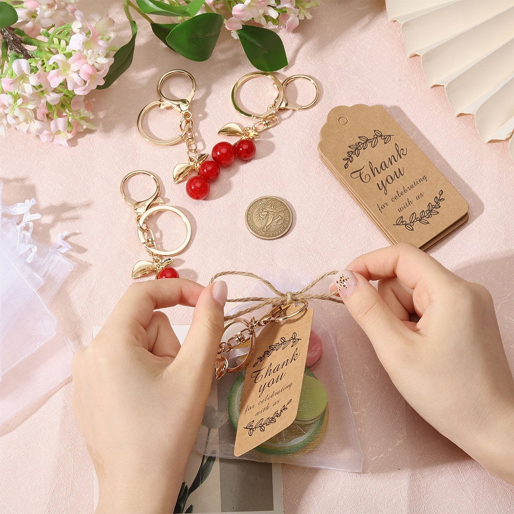 Zinc Alloy Resin Cherry Keychains with Jute Cord Kraft Paper Price Tag Organza Bags Golden Mixed Color 92.5mm DIY