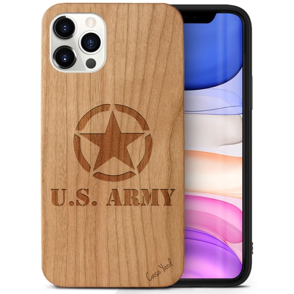 Case Yard Wooden Case Outside Soft TPU Silicone, Slim Fit Shockproof Wood Protective Phone Cover for Girls Boys Men and Women, Supports Wireless Charging US Army Logo Design case for iPhone-11-Pro-Max