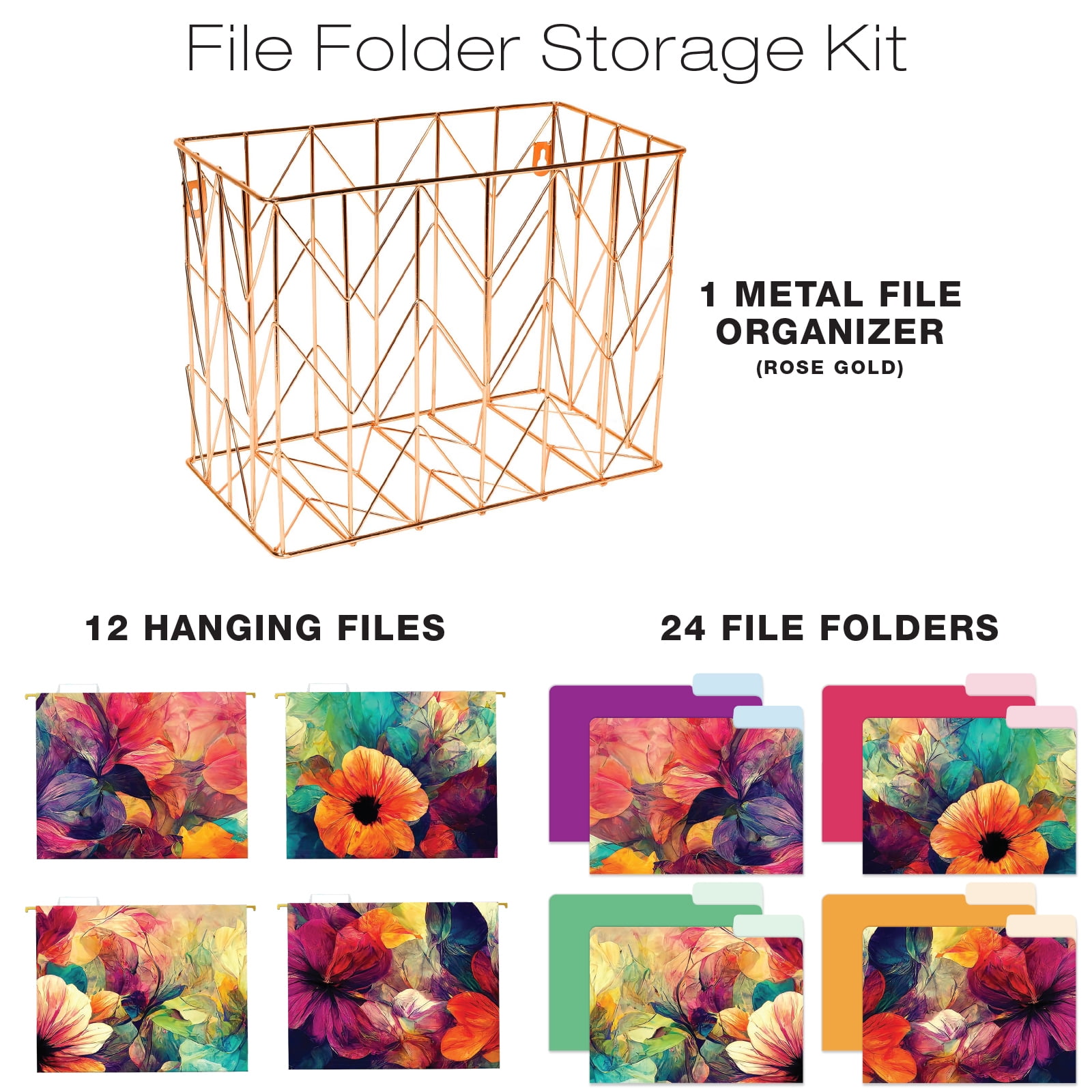 Global Printed Products 12 Hanging File Folders and 24 File Folders, Letter Sized - Abstract Floral