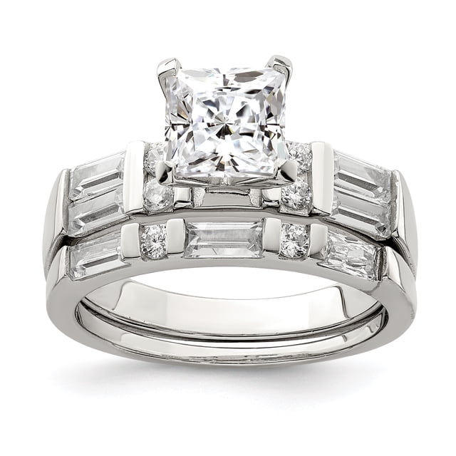 925 Sterling Silver Cubic Zirconia Cz Engagement Ring Wedding Band Two Piece Set