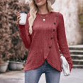 thumbnail image 5 of Baqcunre Long Sleeve T Shirt Women's Round Neck Bar Brushed Hem Solid Color Button T Shirt Crewneck Sweatshirts Womens Tops Red M, 5 of 8