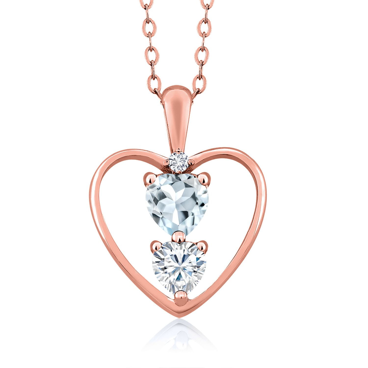 18K Rose Gold Plated Silver Sky Blue Aquamarine White Moissanite and White Diamond Pendant Necklace for Women (0.65 Cttw, Gemstone March Birthstone, Heart 5MM and 4MM, with 18 inch Silver Chain)