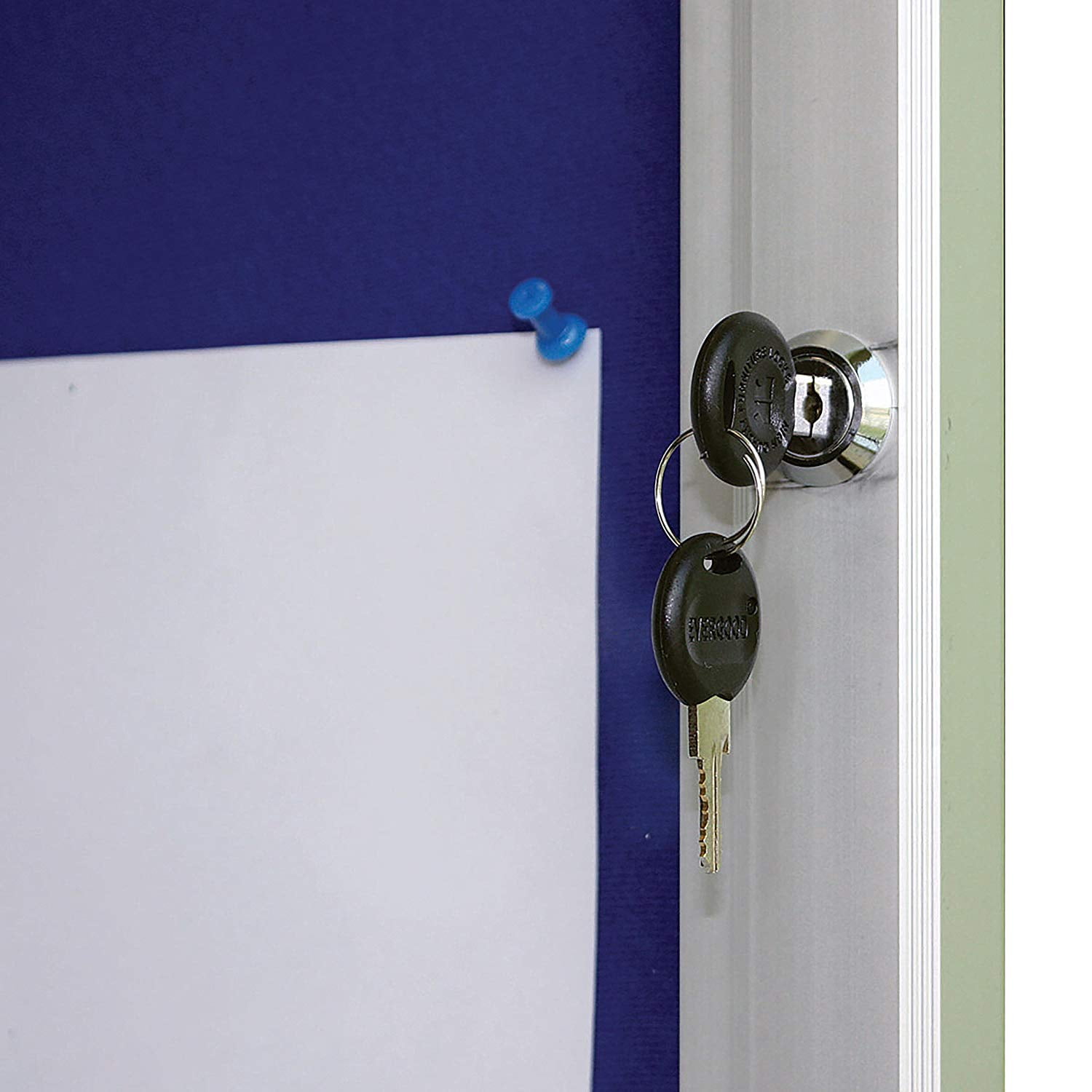 Enclosed Blue Felt with Cork Bulletin Board for Outdoor Use, 6x(8.5x11) Inch Paper Size, Lockable Silver Profile, Shatter Resistant Cover, Includes Keys Pins and Mounting Hardware