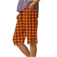 thumbnail image 2 of Makaor Long Shorts for Womens with Pockets Button Mid Waist Straight Leg Long Short Elastic Waist Plaid Baggy Summer Outfits Orange L, 2 of 5