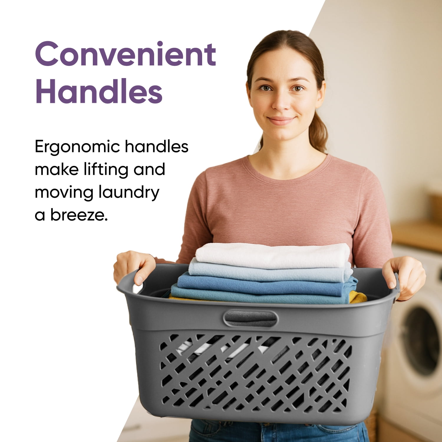 Non-Breakable Mosaic Laundry Basket, 45L -Dark Gray, Decorative Storage, Vented Design, Made in France, Modern Home Organizer