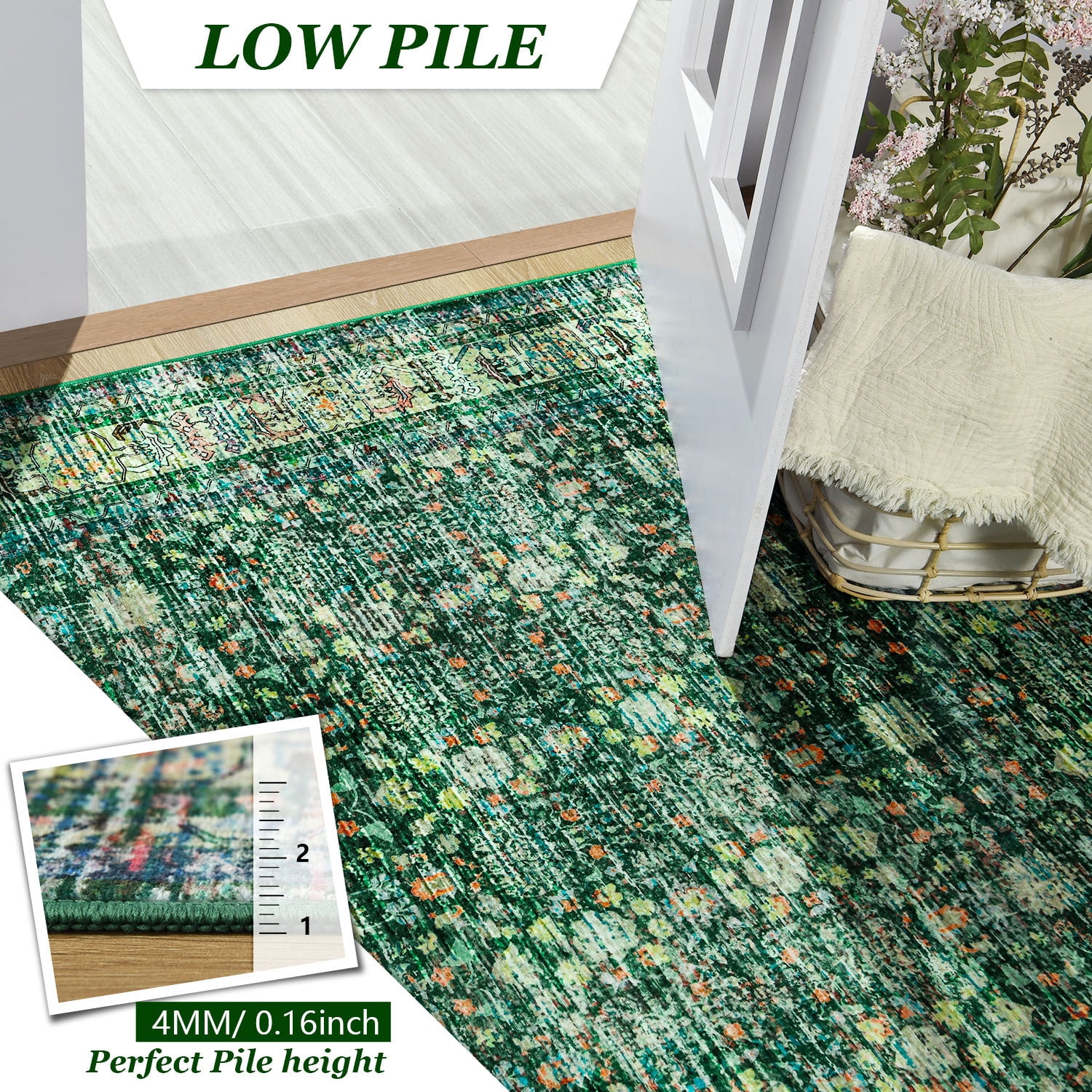 Wondo Floral Washable Rugs, 4x6 Area Rug for Living Room, Soft Large Boho Bedroom Rug, Botanical Non Slip Ultra Thin Floor Carpet for Dining Room Nursery Office, Green