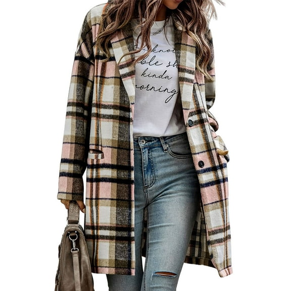 Women's Elegant Pink Plaid Button Up Lapel Jacket