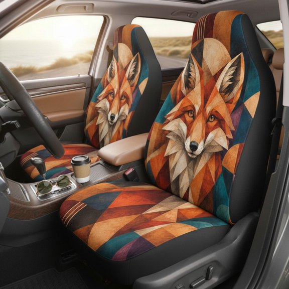Emacom Ltd Geometric Fox Car Seat Covers, Colorful Abstract Woodland Auto Seat Protectors, Retro Fox Car Interior Accessories