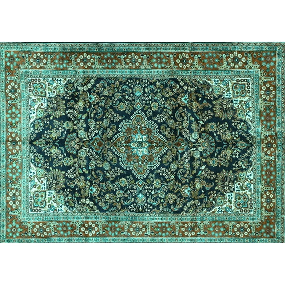 Ahgly Company Machine Washable Indoor Rectangle Medallion Turquoise Blue Traditional Area Rugs, 7' x 10'