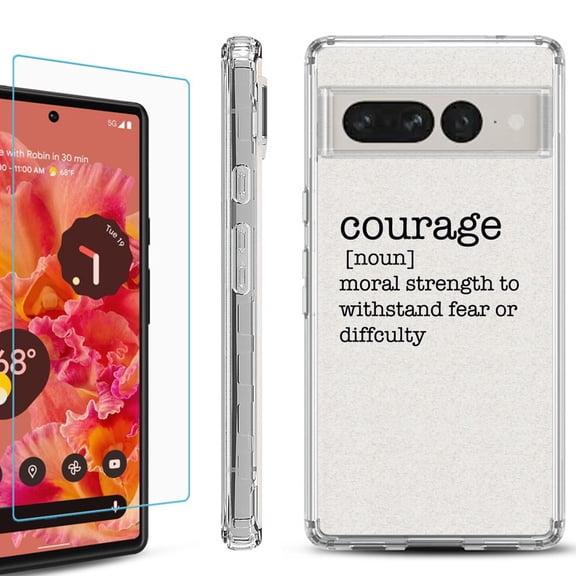 Shockproof Bumper Phone Case for Google Pixel 7 Pro, with Tempered Glass Screen Protector, by OneToughShield ® - Dictionary/Courage