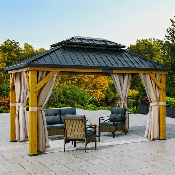 Dextrus 11x13FT Wood Hardtop Gazebo with Nettings and Curtains,Outdoor Galvanized Steel Double Roof Gazebo for Patio, Deck, Backyard - Beige Yellow