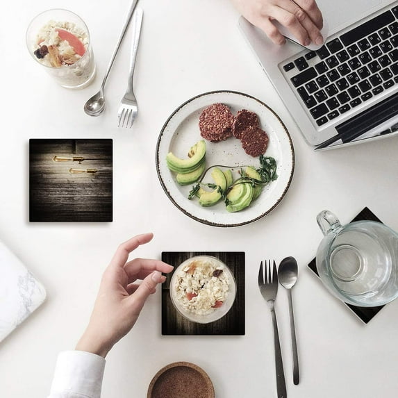 FMSHPON Light Bulb Old Wooden Board Set of 6 Coaster for Drinks, Absorbent Ceramic Stone Coasters Cup Mat with Cork Base for Home Kitchen Room Coffee Table Bar Decor