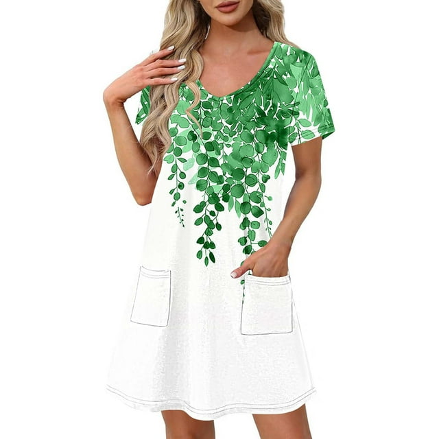 Vestido Corto de Verano Moda Gradiente Corto de Manga en V Cuello Vestido Casual, Poliéster Ligero de Verano, Lavado de Manos